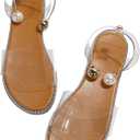 OYOANGLE Women's Pearl Decor Clear Straps Open Toe Flat Sandals Leather Outdoor Beach Sandals (6, Apricot)