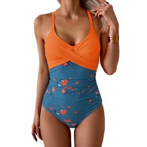 B2prity Women's One Piece Swimsuits Tummy Control Front Cross Bathing Suits Tie Back Slimming V Neck Swimwear (M, Orange, Blue Orange Floral)
