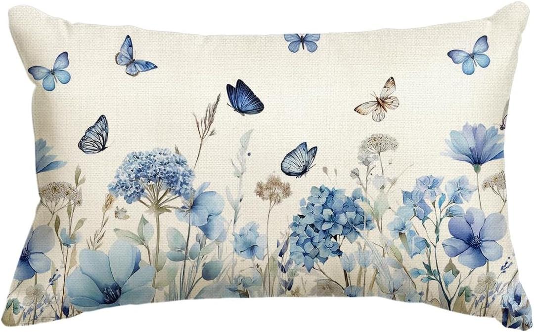 AVOIN colorlife Spring Blue Hydrangea Throw Pillow Cover, 12 x 20 Inch Dandelion Butterfly Summer Cushion Case Decoration for Sofa Couch
