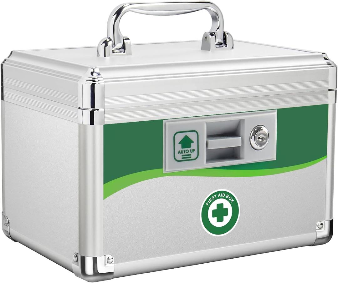 Medicine Lock Box, First Aid Safe Medication Storage Box, Layered Aluminum Daily Medicine Lockable Box with Key 10 x 6.88 x 6.88 Inch (Small)