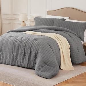 Grey Queen Comforter Set - 3 Pieces Seersucker Lightweight Bedding Comforter Sets (1 Soft Fluffy Comforter & 2 Pillowcases) - All Seasons Cozy Modern Bed Sets for Women Men