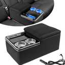 Car Center Console Armrest Organizer: with W-ireless Charging, Fast Charging, LED Light Cup Holder & Phone Holder, Rear Bench Seat Consoles with Armrest Middle Storage Box,Truck Seat Organizer for Van