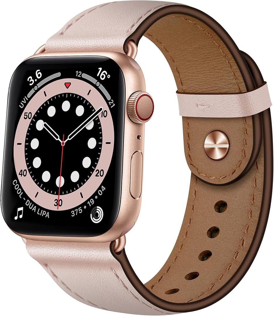 OUHENG Leather Bands Compatible with Apple Watch Band 42mm/41mm/40mm/38mm, Genuine Leather Replacement Strap for iWatch SE3 SE2 SE Series 11 10 (Pink Sand/Rose Gold)