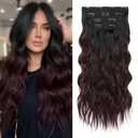 REECHO Clip in Hair Extensions, 4PCS Hair Extensions 24" Thick Long Beach Waves hair extensions HE003 Invisible Lace Weft Natural Soft Hairpieces for Women (Black to Burgundy Ombre)