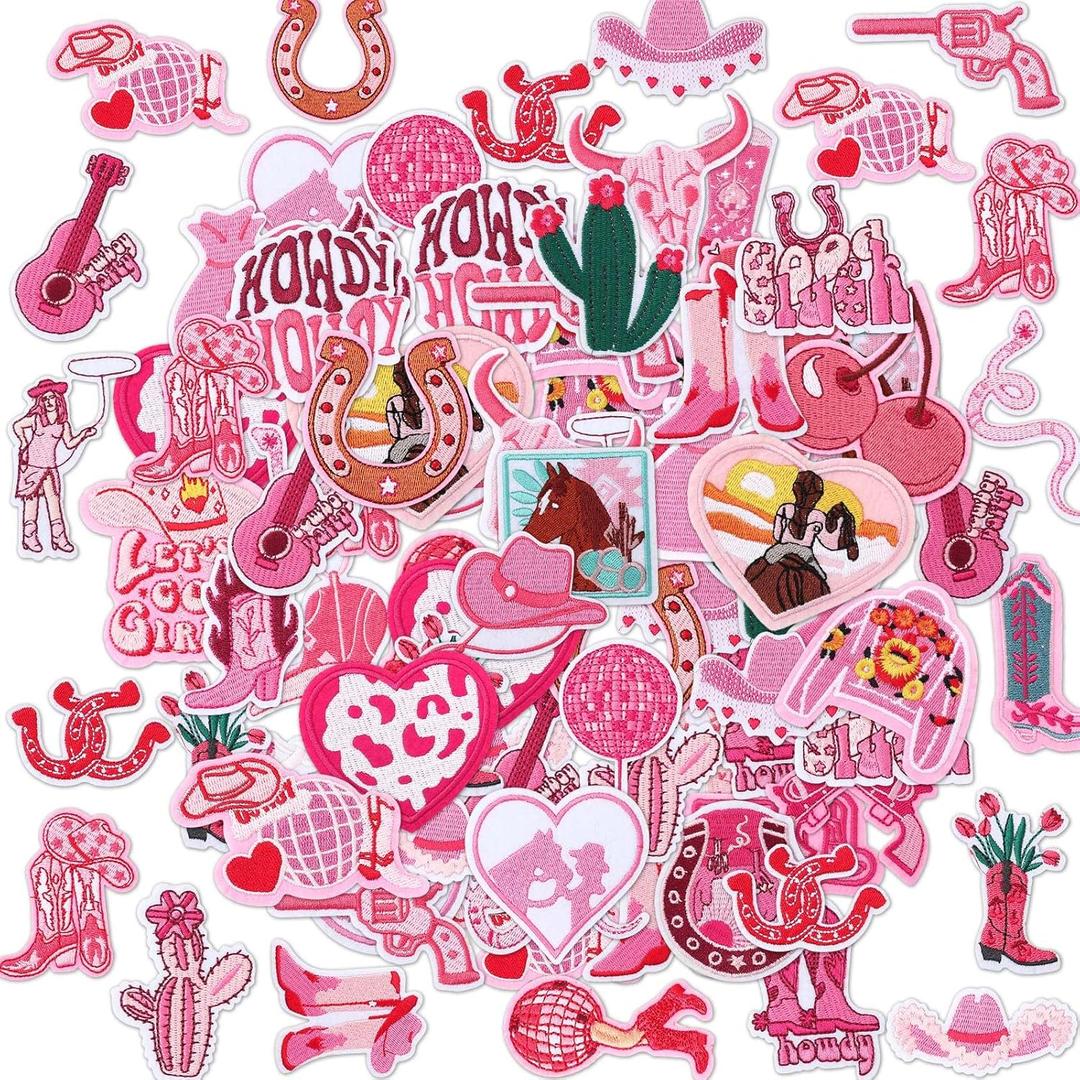 Thiccywoov 80 Pcs Pink Western Iron on Patches Bulk for Cowgirl Hats Trucker Hat Embroidered on Preppy Trucker Cap Applique Patches for Backpacks Craft Clothing DIY (Novel)