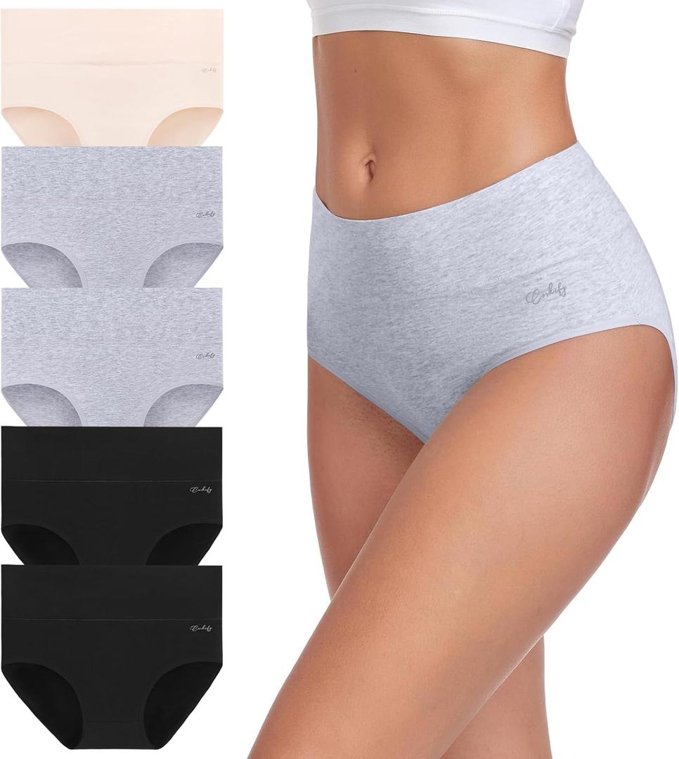 coskefy Women's High Waisted Cotton Underwear Soft Breathable Panties Stretch Briefs Ladies Panties 5 Pack (X-Large, Multicolor-02)