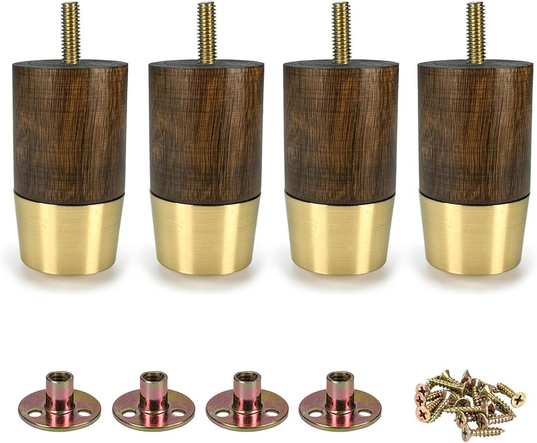 3 Inch Wooden Furniture Legs with Gold Cap Set of 4 Sofa Replacement Solid Wood Furniture Feet for Armchair Couch Cabinet Dresser Ottoman TV Stand Bed Legs (3 Inch)