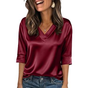 Women Silk Satin Tops 3/4 Length Sleeve Shirts Dressy Casual Blouse V Neck Business Casual Outfits (Red, M)