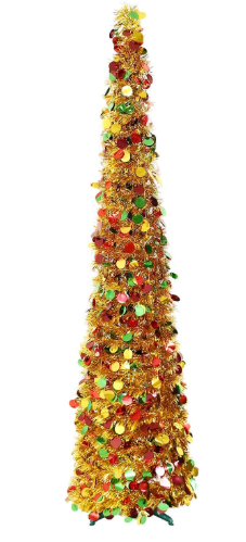5ft Gold Pre Lit Collapsible Pop Up Christmas Tree, Glittery Golden Tinsel Artificial Pencil Xmas Trees with Red & Green Sequins and Colorful LED Lights for Indoor and Outdoor Decoration