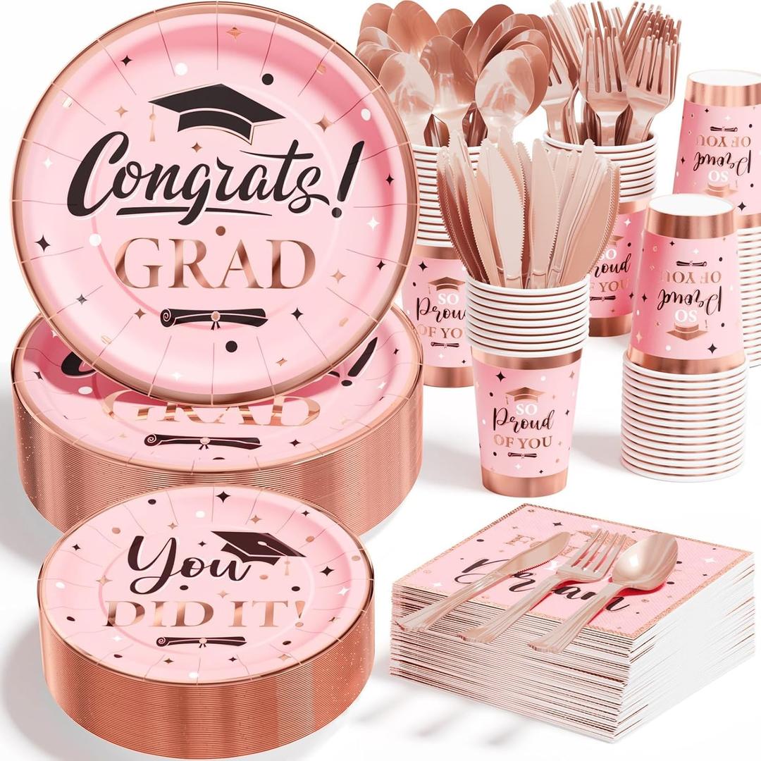 Ecomore Graduation Decoration Class of 2025 Pink Graduation Decoration 350 PCS - Rose Gold Grad Party Supplies Disposable Dinnerware (Serves 50) Paper Plates Cup Napkin Fork Knife Spoon (Pink & Black)