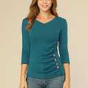 Allegra K Women's V Neck Tops 3/4 Sleeves Solid Knitted Buttons Decor Ruched Blouse (Teal, S)