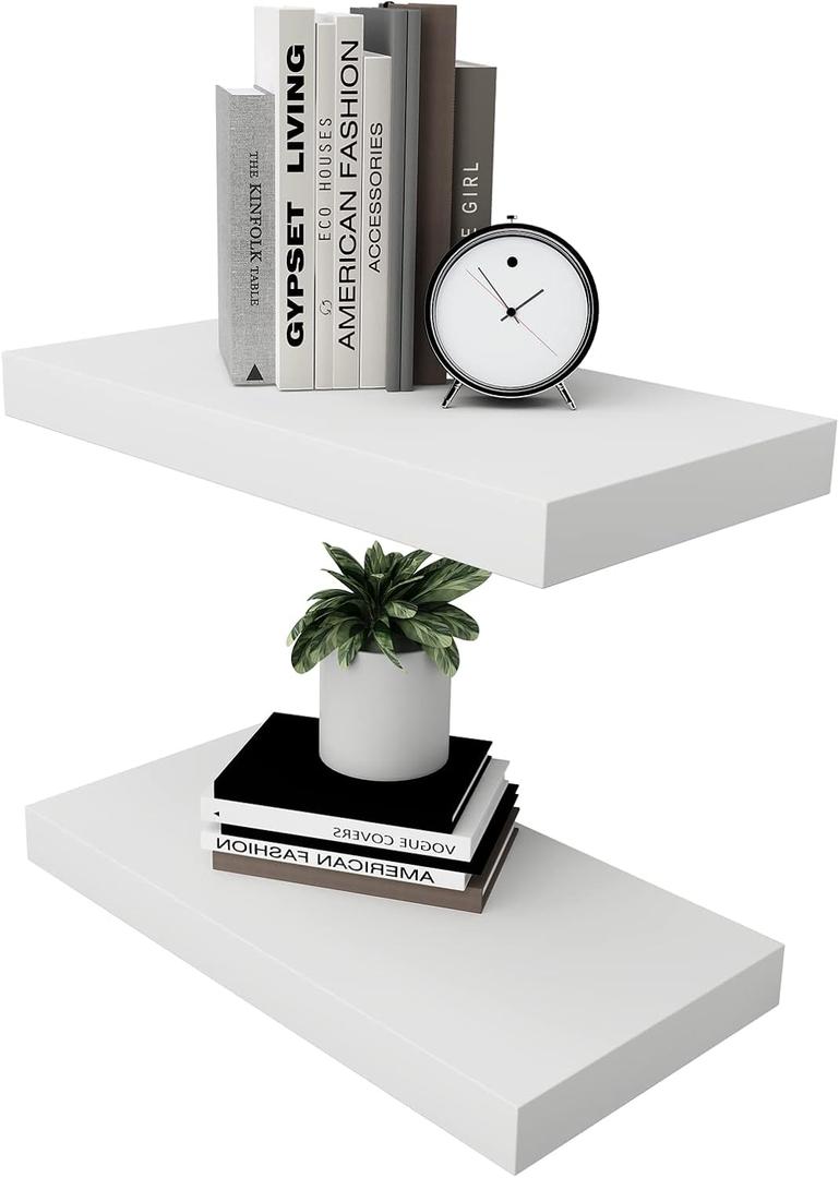 WELLAND Set of 2 Floating Shelves Wall Mounted Shelf, for Home Decor with 8" Deep (White, 15 inch)