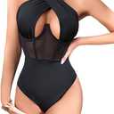 Women's Halter Criss Cross Sleeveless Bodysuit Sheer Mesh Corset Bustier Sexy Cut Out Leotard Jumpsuit S-3XL (Large, Black)