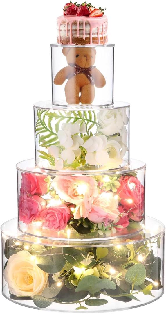 4 PCS Acrylic Cake Stand with LED Lights, 4/6/8/10 Inch Clear Cake Stand Fillable Cake Riser Round 4 Tier Case Box for Birthday Wedding Holiday Party (4PCS)