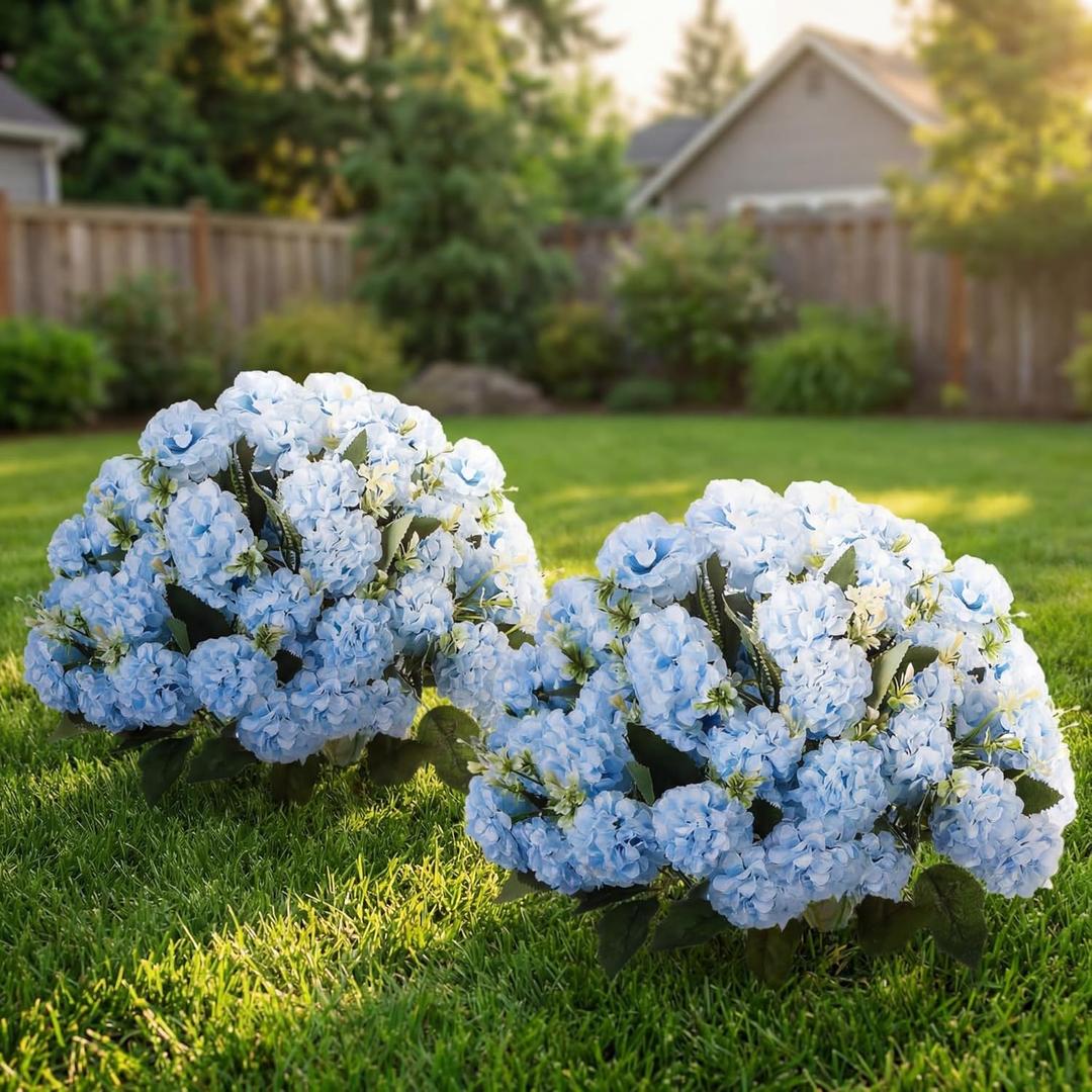 Suncalla 2 Set Blue Artificial Boxwood Topiary Ball Trees with Hydrangea Flower, 19.7" UV Resistant Outdoor Faux Plants with Ground Spike for Planter Front Door Home Indoor Porch Patio Decor