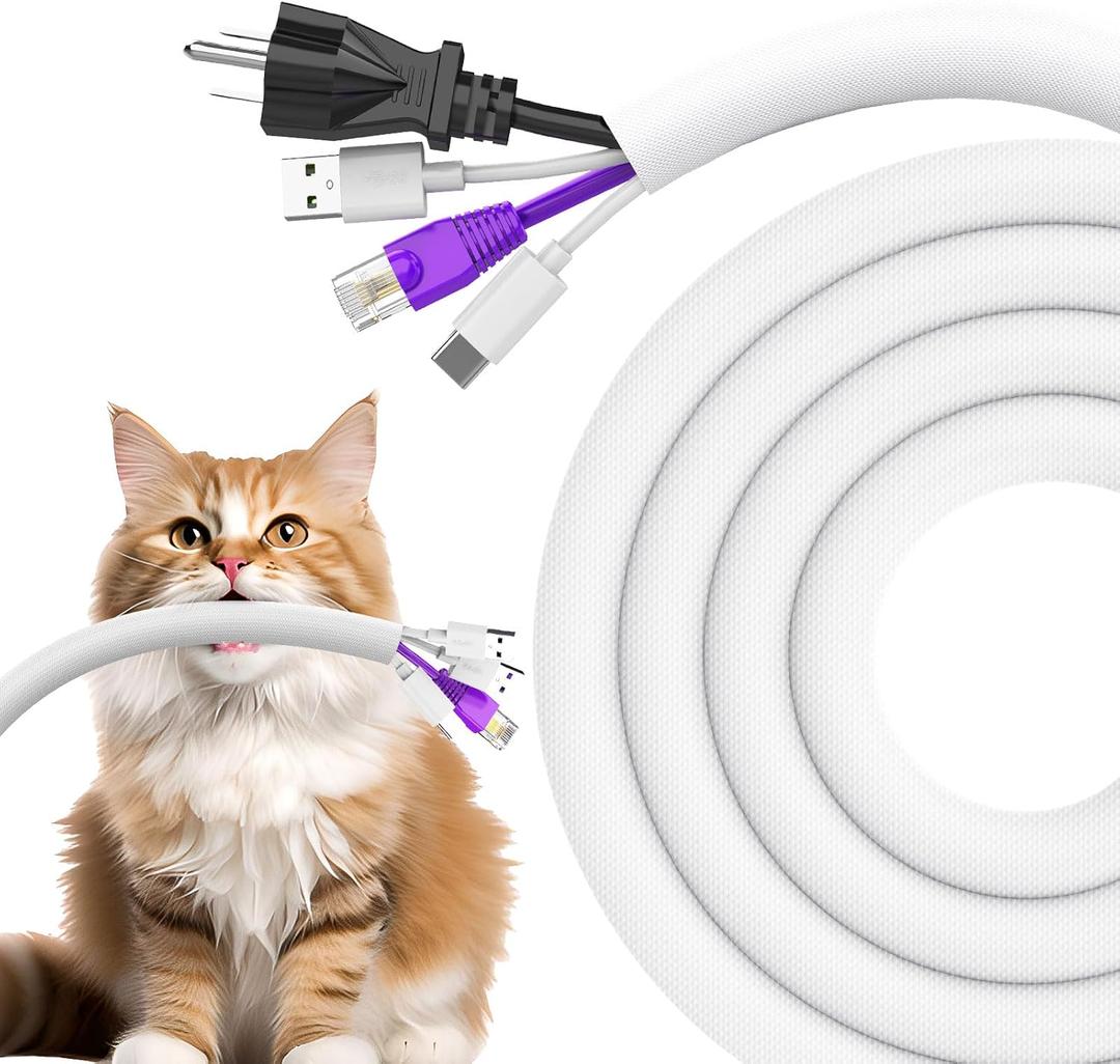 UOMTFAI Dog and Cat Cord Protector 10ft - 1/2inch, Flexible Cable Sleeve for Easy Cord Management, Protects Cables from Pets Chewing, Ideal for USB, Power, Audio and Video Cords - White