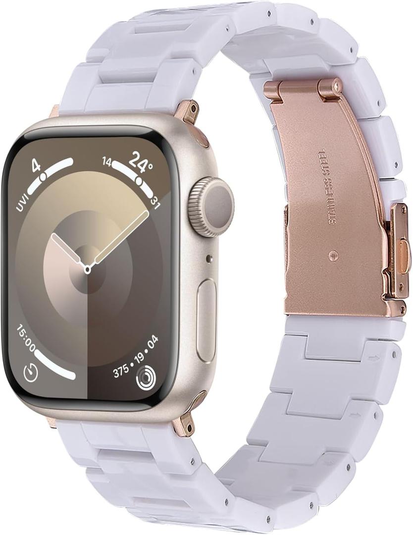 V-MORO Resin Band Compatible with Apple Watch Bands Series 11/10/9/8/7 46mm 45mm 44mm 42mm iWatch 6/5/4/3/2/1/SE with Rose Gold Buckle iWatch Ultra 49mm Lightweight Wristband Strap Women Men,White
