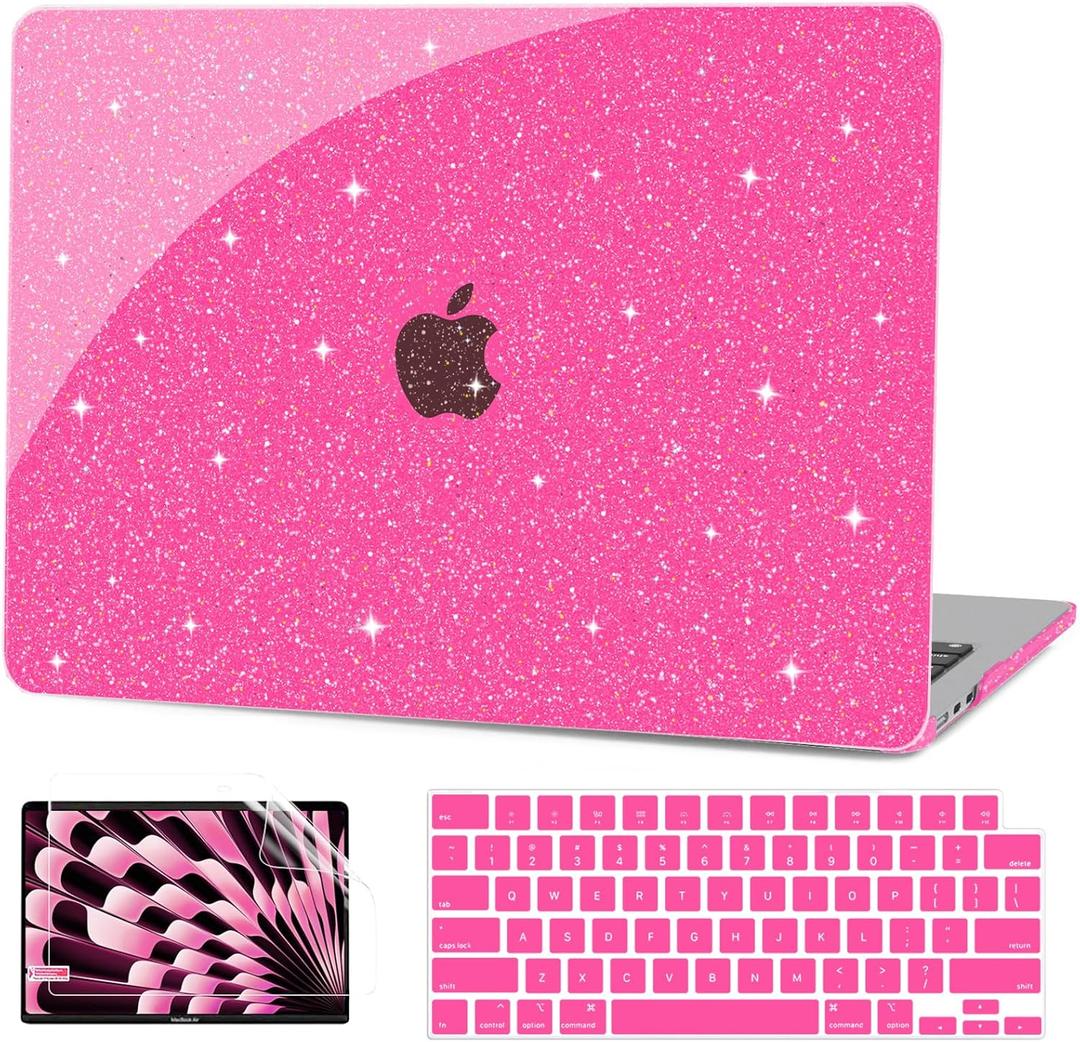 G JGOO Compatible with MacBook Air 13 inch Case 2026 2025-2022 M5 A3449 M4 A3240 M3 A3113 M2 A2681, Glitter Platsic Hard Shell for MacBook Air 13.6 inch Case+Keyboard Cover+Screen Protector, Hot Pink