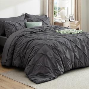 Bedsure Full Comforter Set Dark Grey - Bed in a Bag Full Size Bedding Set 7 Pieces, GentleSoft Pintuck Bed Set Gift for Family, Pinch Pleat All Season Comforter with Sheets, Pillowcases & Shams