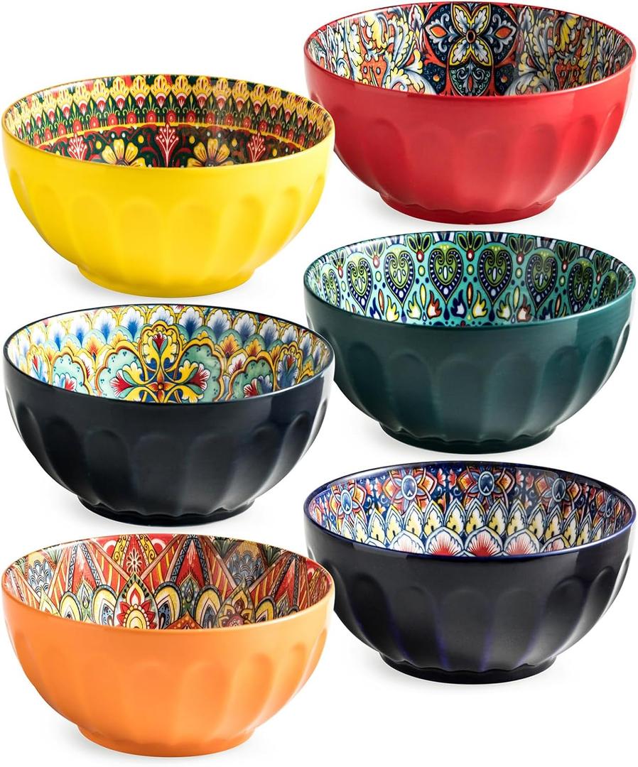 MISSYSSIM Cereal Bowls Set of 6, Bohemian Soup Bowls, 30 oz Colorful Ceramic Serving Bowls for Kitchen, Breakfast, Boho Decorative Bowl, Microwave Oven Safe Bowl for Salad, Pasta, Oatmeal
