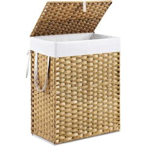DUMOS Woven Laundry Basket with Lid, 90L Large Capacity Hamper, Removable & Machine-Washable Liner, Foldable Rattan Clothes Hamper, Sturdy Steel Frame, Odor Control, Goose Yellow
