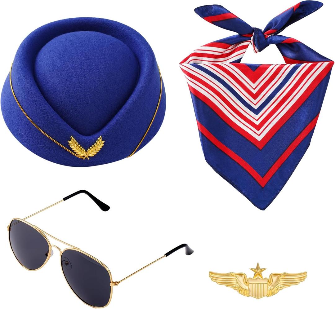 Mujahid 4-Piece Women's Stewardess Costume Accessories - Scarf + Hat + Sunglasses + Name Badge, Must-Have for Air Hostess Outfit, Dress Accessories for Cosplay Party Dress-Up Parties Carnival