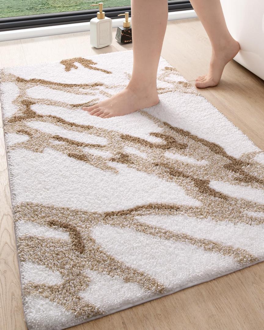 DEXI Soft Plush Bathroom Mat, Non Slip Washable Bath Rug, Absorbent Bathmat for Shower Tub Sink Toilet, 24x43, White and Beige