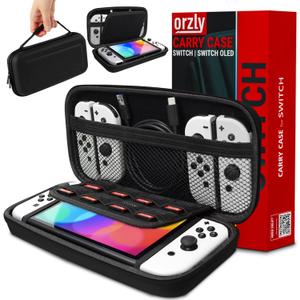 Orzly Carry Case Compatible with Nintendo Switch and New Switch OLED Console -Protective Hard Portable Travel Carry Case Shell Pouch with Pockets for Accessories and Games (BLACK)