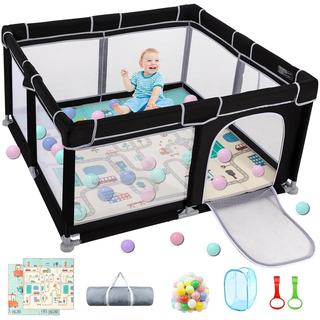Baby Playpen with Mat, Durable and Secure Baby Play Pen, 5050 Playpen Kids Activity Play Center, Equipped with Anti-Slip Suckers and a Zipper Gate Black
