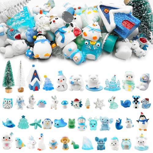 Suartus Winter Miniature Figurines, 49Pcs Winter Mini Resin Animal Figurines Tiny Resin Duck Bear Snowman Elk Figures Model Ornaments for DIY Crafts Fairy Garden Landscape Snow Globes Home Decor, Blue