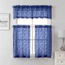3 x Lecloud Leia Dusty Blue Sheer Valance for Windows 14 Inch Length 2 PCS, Dual Rod Pockets Living Room Bedroom Short Curtains, Jacquard Clip Textured Leaf Window Treatments, 40 W x 14 L