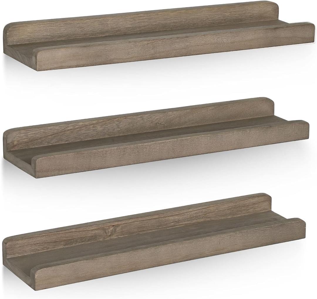 Emfogo Wood Picture Ledge Shelf Rustic Floating Wall Shelves Set of 3 for Storage and Display 16.9 inch Weathered Grey