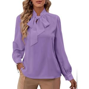 Rooscier Women's Bow Tie Neck Long Sleeve Buttton Cuff Chiffon Elegant Business Dressy Casual Blouse Shirt (Large, Purple)