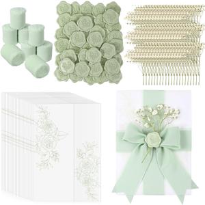 Fullhawl 50 Sets Wedding Invitations Wraps Set Pre Folded Vellum Jackets for 5 x 7 Invitations Dried Flowers Wax Seal Stickers Chiffon Silk Ribbon for Wedding Birthday Bridal Shower Craft DIY (Green)