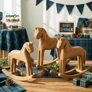 Vicenpal 3 Pack Baby Shower Wooden Vintage Rocking Horse Table Decoration for Blue Green Tartan Plaids Party Centerpiece Rocking Horse Decor for Baby Shower Party Wedding Birthday Decor (Wood-colored)