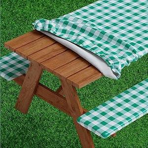 Sorfey Picnic Table Cover with Bench Covers -Fitted with Elastic, Vinyl with Flannel Back, Fits for Table 30"x 60" Rectangle, Water Proof, Checked Green Design