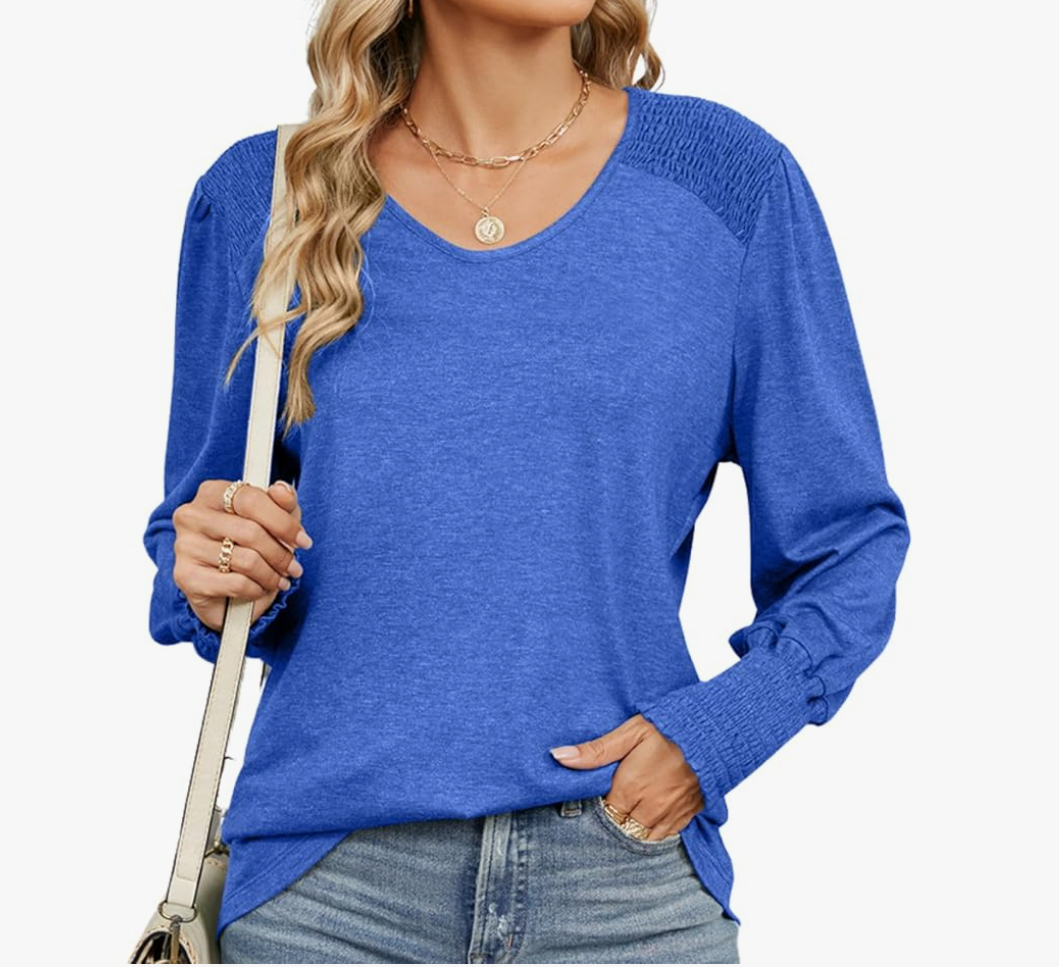 Women's Long Sleeve Shirts V-Neck Puff Sleeve Loose Fitted Pleated Basic Tops Casual Lightweight Outfits 2024, Small