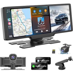 HK1 Portable Carplay Screen 10.26'' HD IPS Apple Carplay & Android Auto Screen for Car, with 4K Dash Cam/1080P Rear Camera, Wireless Car Play Stereo, Car Audio,GPS Navigation,Mirror Link,FM,Siri