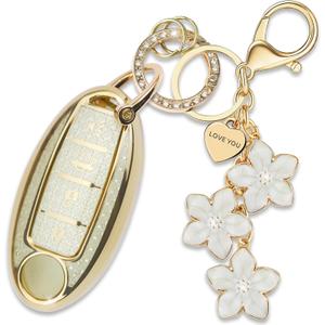 White TPU Key Fob Cover with Sakura Flower Keychain Compatible with Nissan Altima Murano Sentra Rogue Pathfinder Armada Leaf Titan Maxima Kicks Versa 370Z 4-Button Smart Key for Women