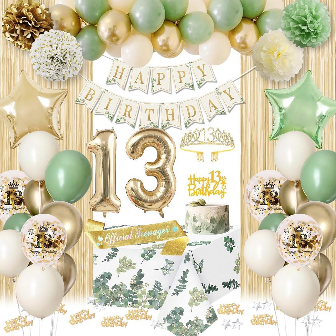 13th Birthday Decorations for Girls, Sage Green 13 Birthday Girl Decorations Happy Birthday Banner Bday Sash Crown Tablecloth Fringe Curtain Official Teenager Decor 13 Year Old Girl Bday