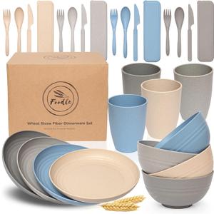 FOODLE Wheat Straw Dinnerware Set - BPA Free & Safety Tested - Microwave & Dishwasher Safe - Perfect for Picnic, Dorm, RV Dishes - Camping Plates Cups and Bowls Set - Great for Kids & Adults - For 4 (Light Grey, Dark Grey, Blue & Beige)