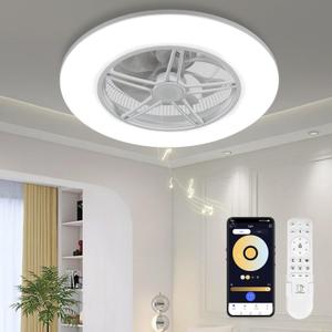 Low Profile Ceiling Fan with Light, Enclosed Bladeless Ceiling Fan, Bluetooth Speaker, 6 Speeds Reversible, Stepless Dimming, Smart Flush Mount Ceiling Light for Bedroom, Kids Room and Living Room 22"