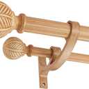 Wood Double Curtain Rods Set for Windows 140 to 164 Inches (11 to 14 ft), Adjustable Heavy Duty Dual Drapery Rods, 1 Inch Boho Rustic Decorative Design with Imitation Wood Grain Leaf Finials