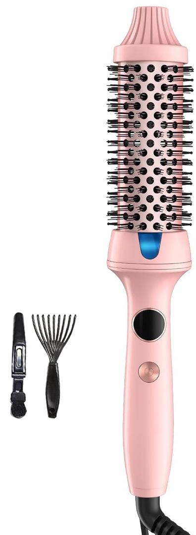 1.5 Thermal Brush for Voluminous Blowout Curls, Negative Ion Heated Round Brush for Shiny & Anti-frizz Styling, 12 Heat Settings for All Hair Type, Dual Voltage, Even Heat Distribution (Pink)