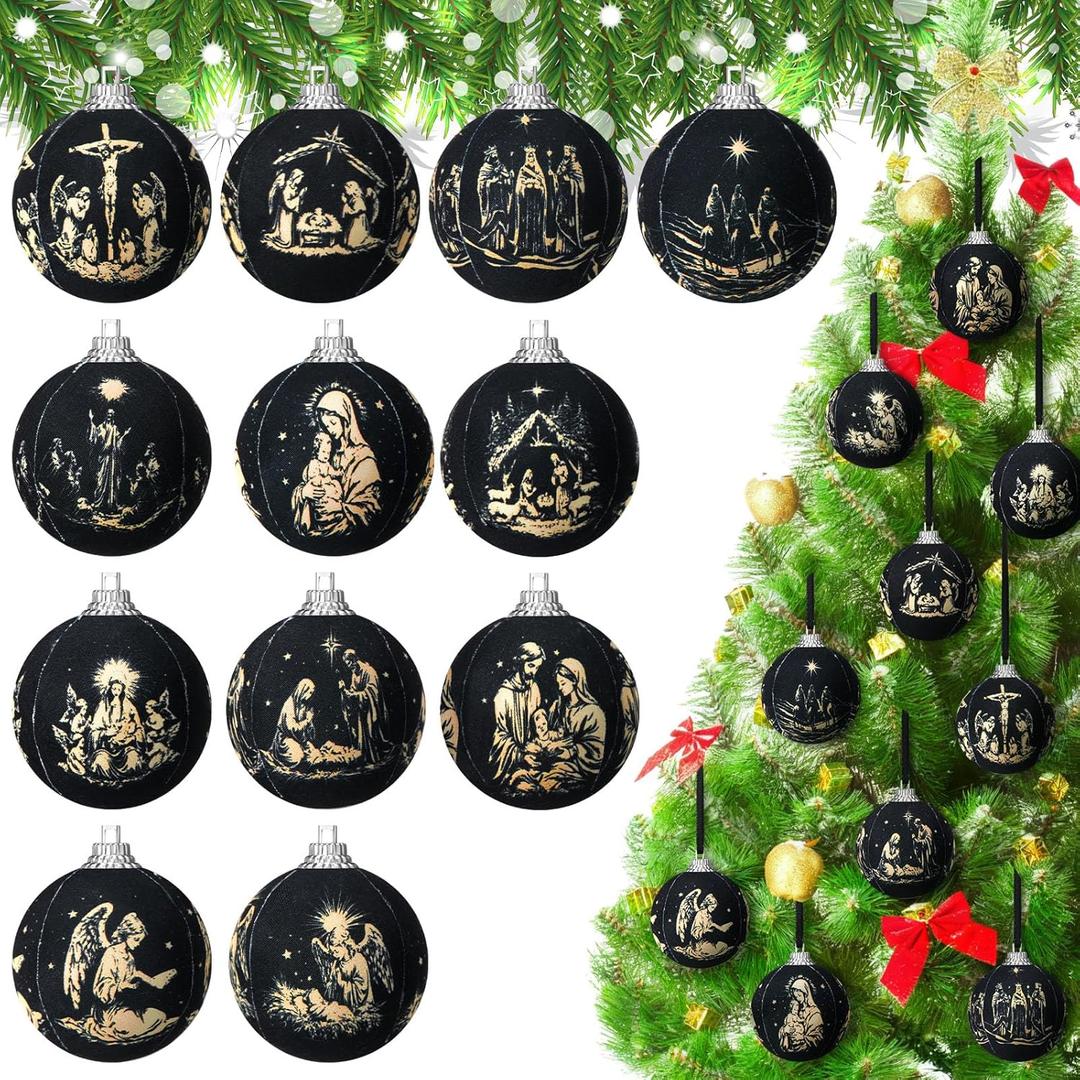Giegxin 24 Pcs Nativity Scene Christmas Tree Ornaments Black Fabric Hanging Balls Christian Xmas Tree Ornament Religious Printing Pendant Gifts for Church Christmas Decorations Home Party Favors