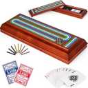 Wooden Cribbage Board Game Set with Cards and Metal Pegs, 3 Track Cribbage Board with Storage Drawer, Portable Travel Cribbage Set for Adults, Families, Seniors, Camping & Game Night