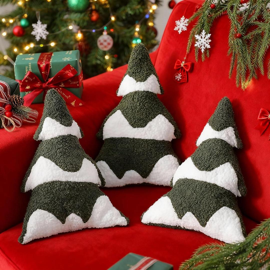 Vicenpal 3 Pcs Christmas Tree Throw Pillows Decorative Green and White Xmas Tree Shaped Pillows Christmas Plush Decor for Winter Holiday Party Outdoor Bedroom Cushion Decoration