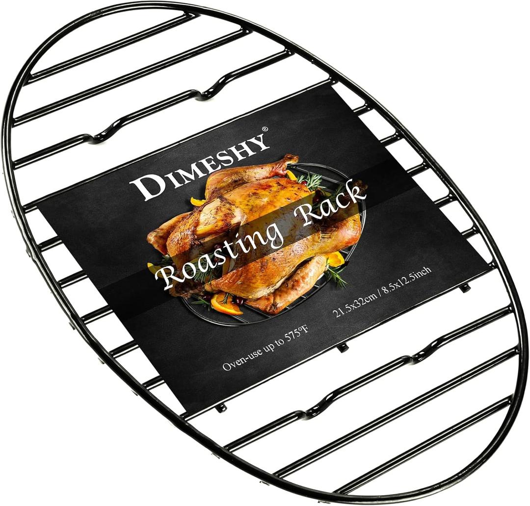 Roasting Rack, Black with Integrated Feet, Enamel Finished, Nonstick, fit for 15 inches oval roasting pan, safety, dishwasher, Great for Basting, Cooking, Drying, Cooling rack. (12.5x 8.5)