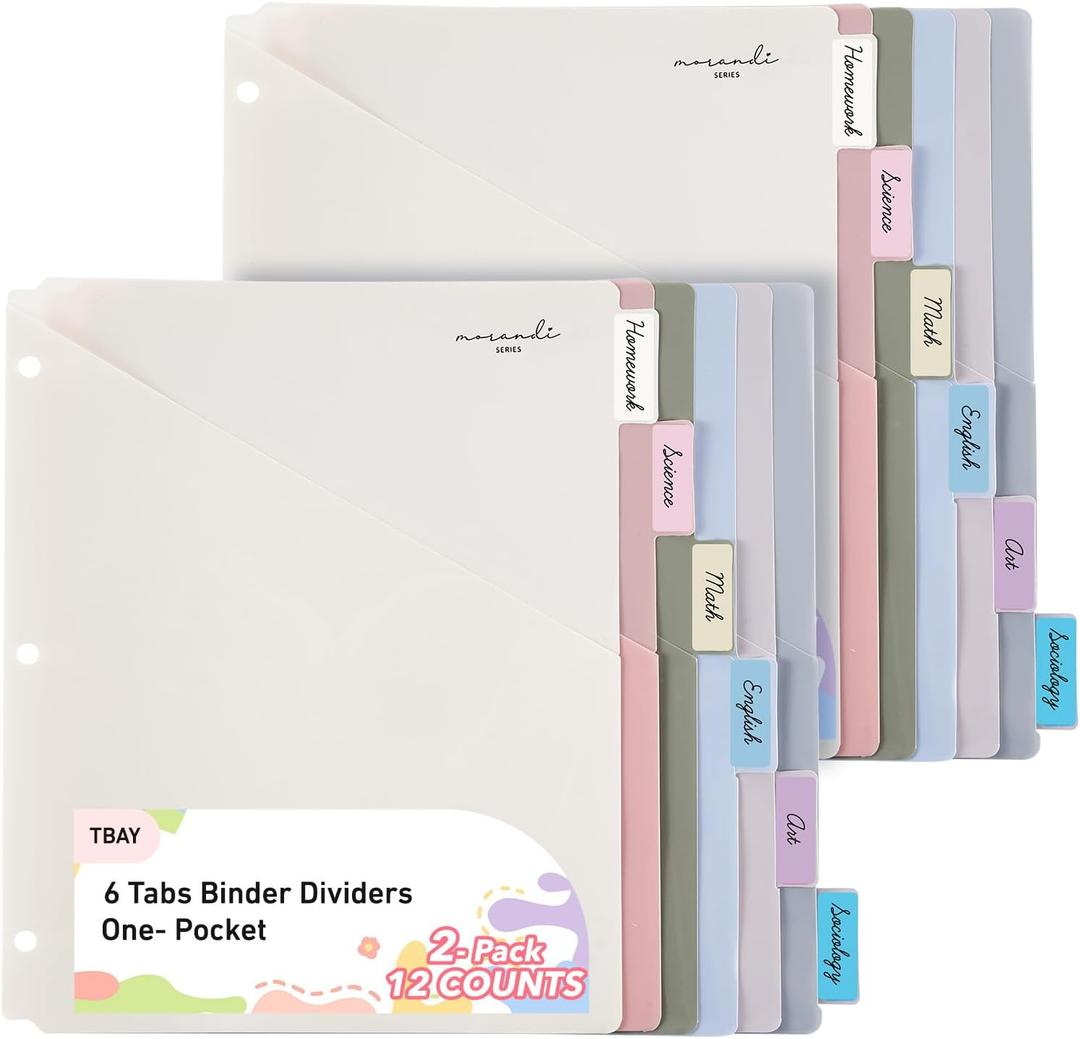 6-Tab Dividers for 3 Ring Binder, 12 Counts Binder Dividers Index with One Pockets, Letter Size 8.5 x 11'', Morandi Colors (2)