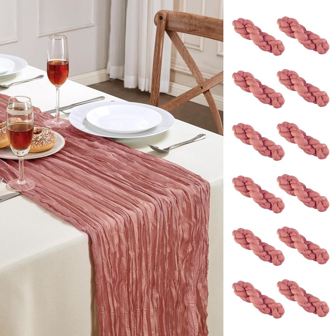 Cheesecloth Table Runner 10FT Long Boho Gauze Table Runner Rustic Sheer Runner for Wedding Bridal Baby Shower Birthday Party Table Decor Thanksgiving Christmas Decorations (12pcs, Dusty Rose) (12 Pack)